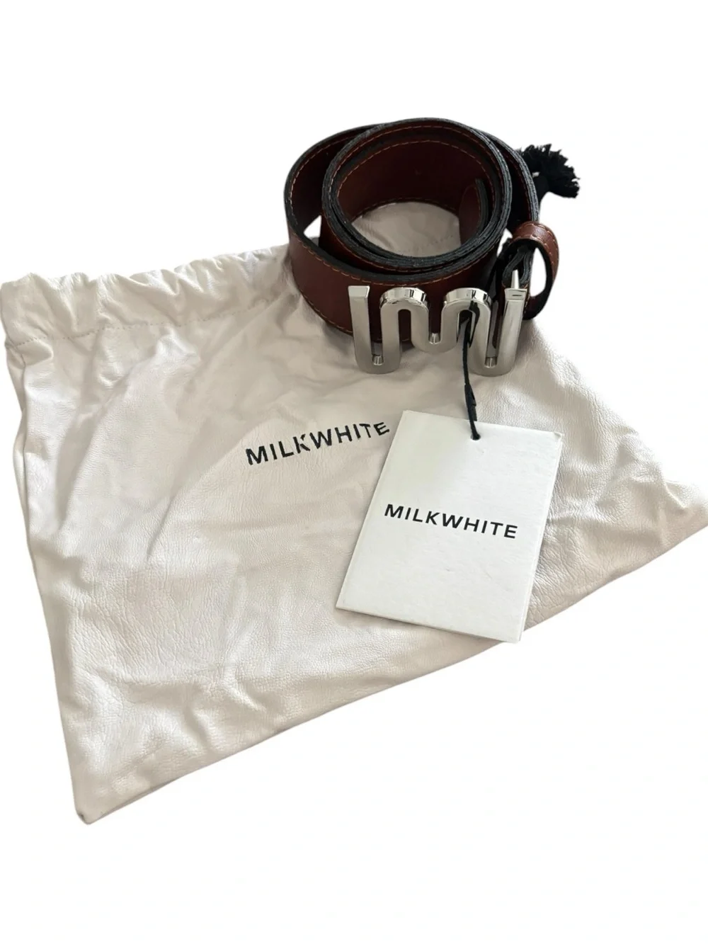 Milkwhite Leather Logo Belt